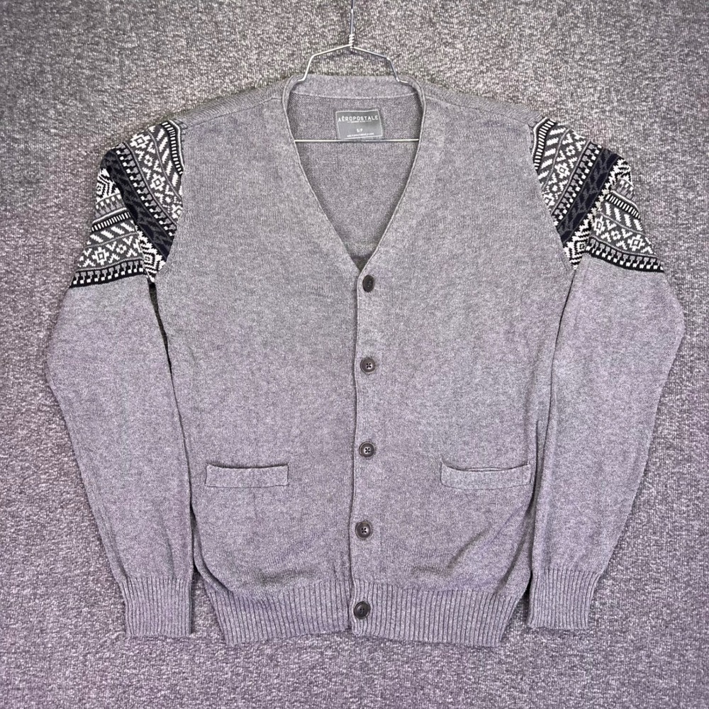 Aeropostale Cardigan Mens S Grey Fair Isle Casual Button Up Sweater Lightweight